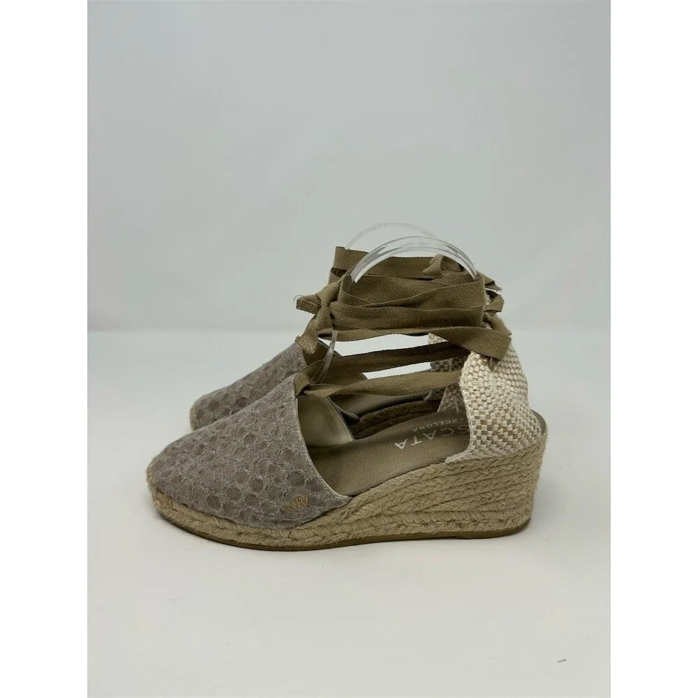 Viscata Barcelona Womens Espadrille Wedge Heels Beige Lace Up Almond Toe Size 40